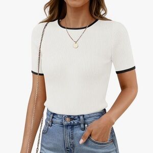 White Ribbed Short Sleeve Top with Black Contrast Trim